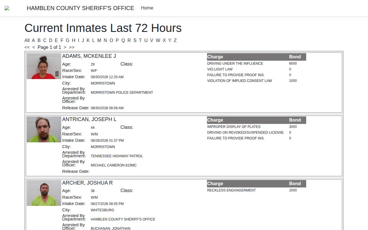 Hamblen County official recent booking and release window
