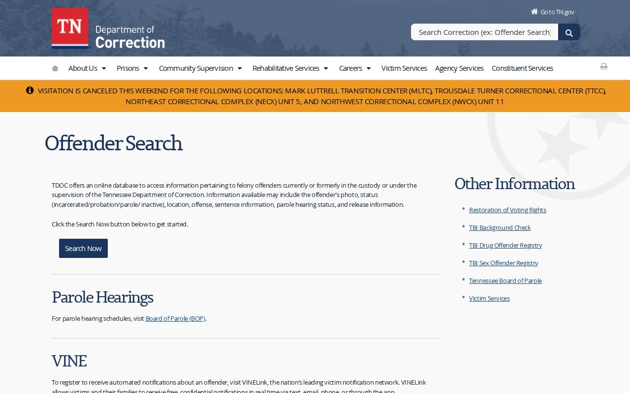 Hamblen County Tennessee Department of Correction offender record search source